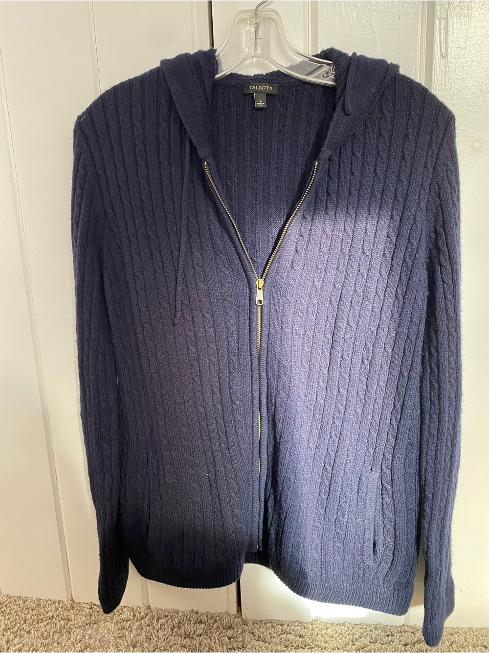 Talbots Women Navy Cable-Knit Zip-Up Hoodie Sweater